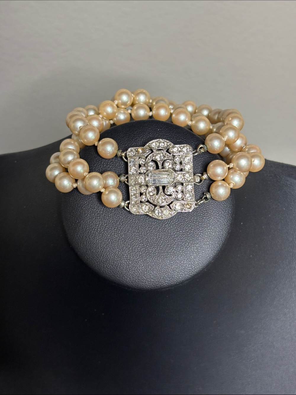 Kenneth Lane Vintage Triple Strand Faux Pearl Bracelet Rhinestone Clasp Art Deco